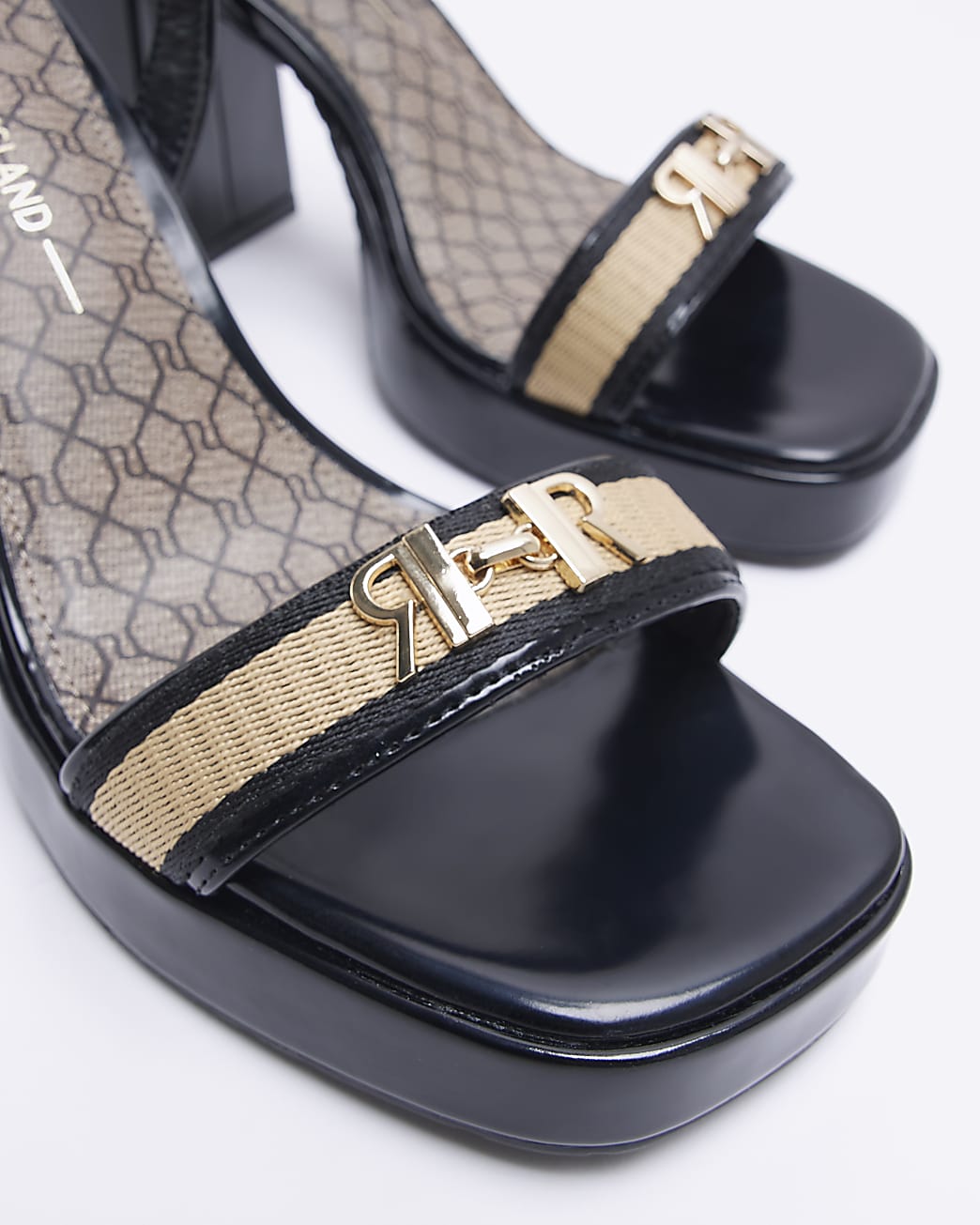 Black wide fit patent platform heeled sandals