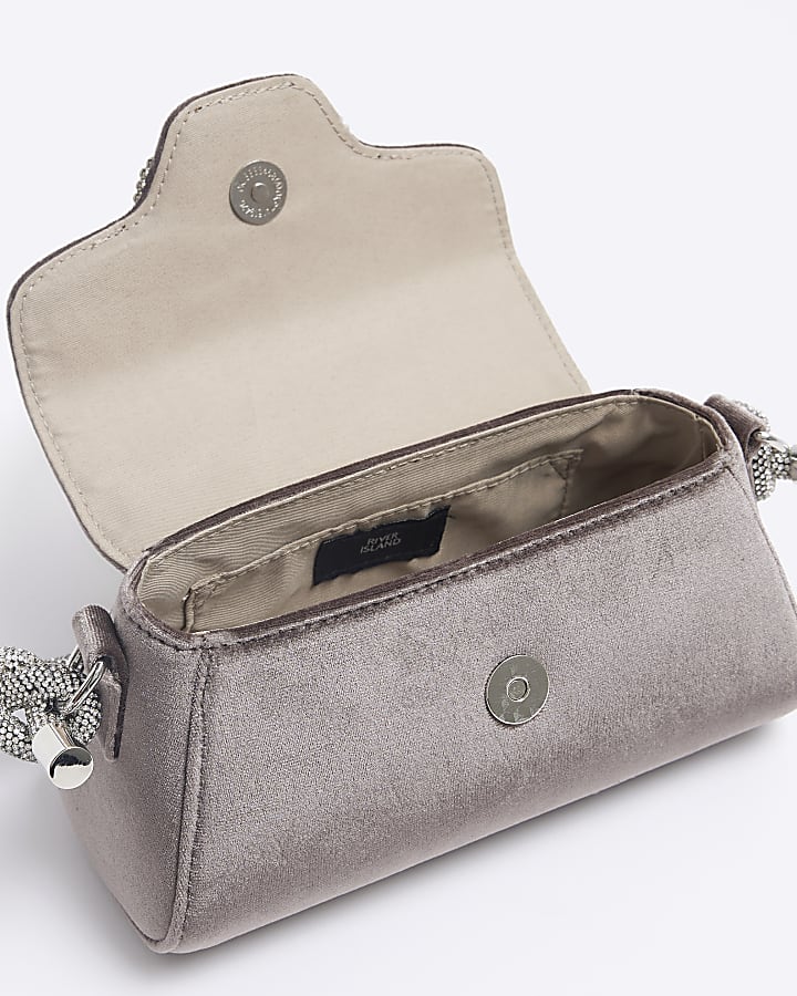 Grey velvet embellished clutch bag
