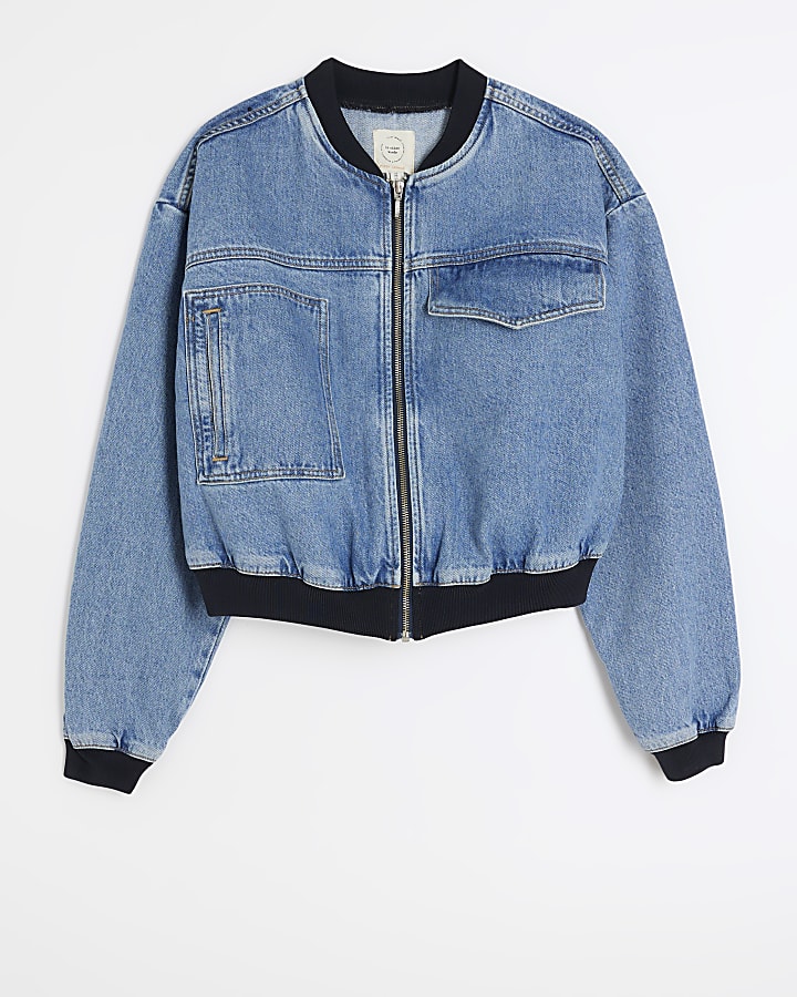 Blue denim crop bomber jacket