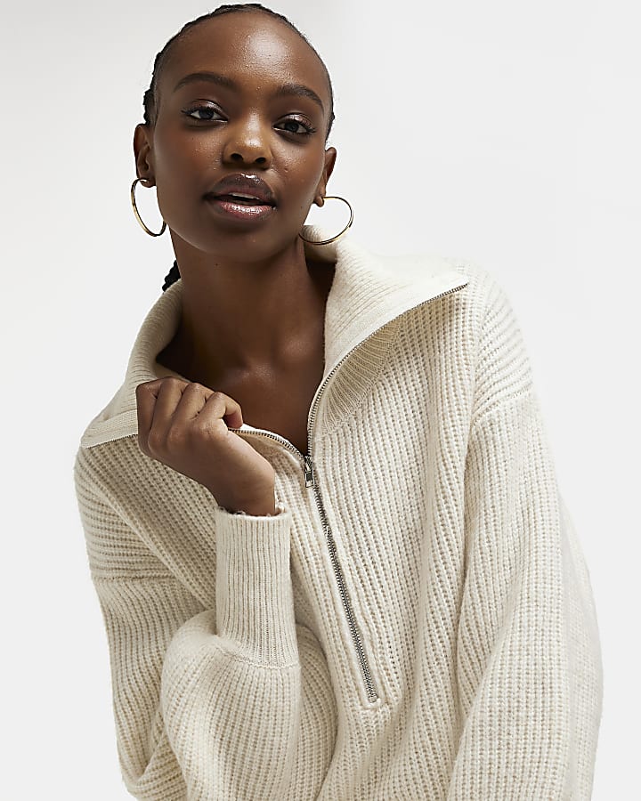 Cream knit half zip jumper midi dress