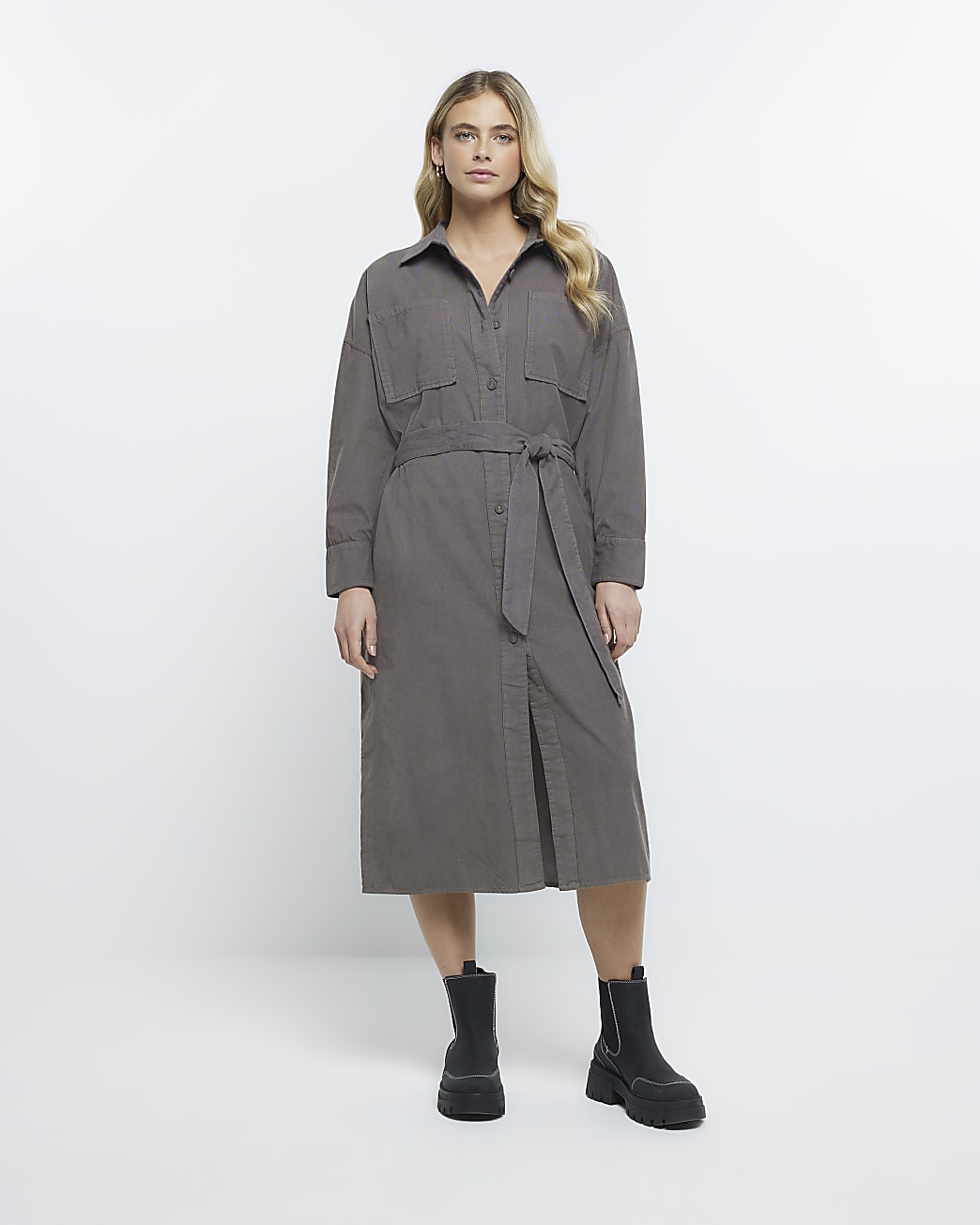 Grey corduroy long sleeve midi shirt dress