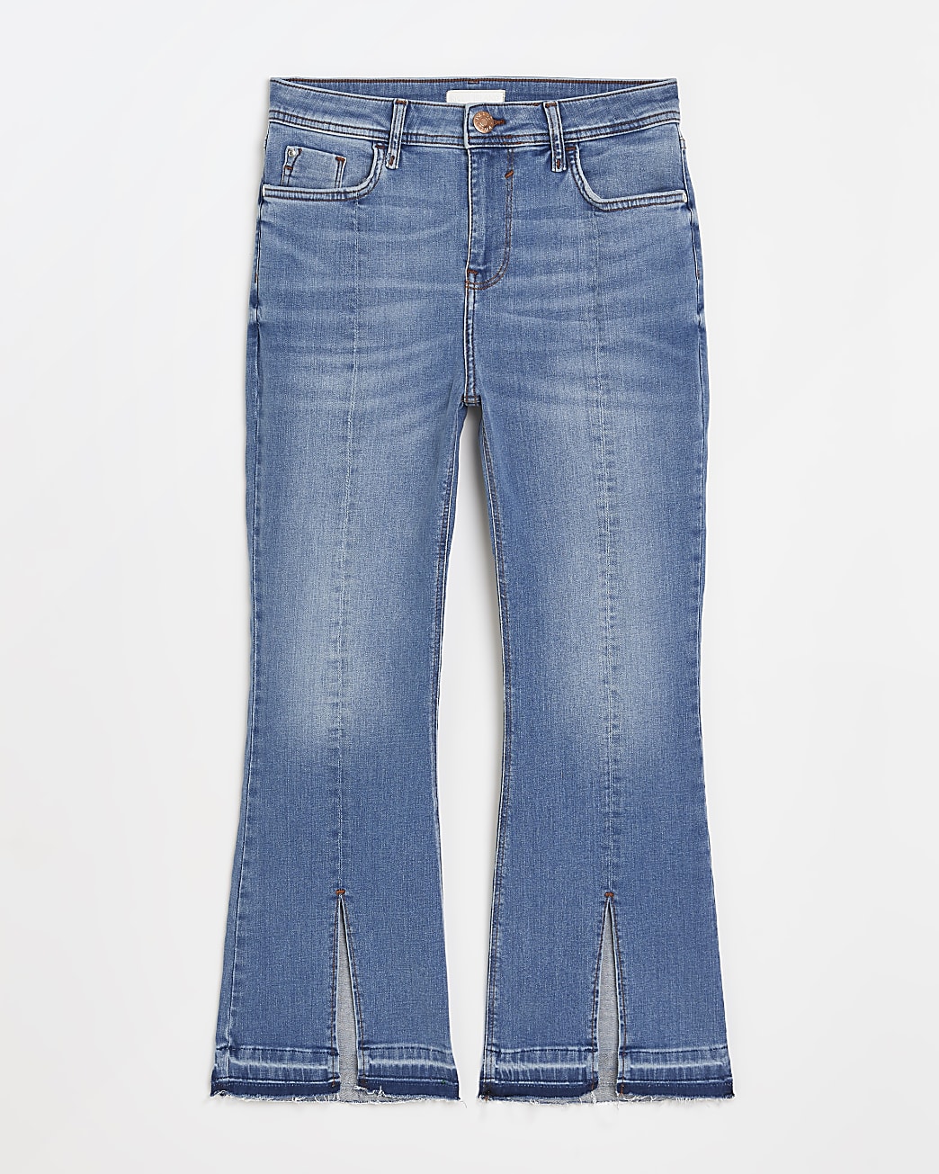 Blue mid rise cropped flared jeans
