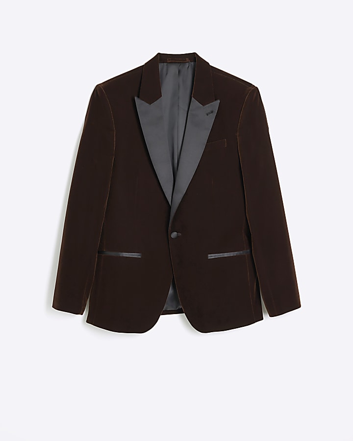 Dark brown slim fit velvet tuxedo jacket