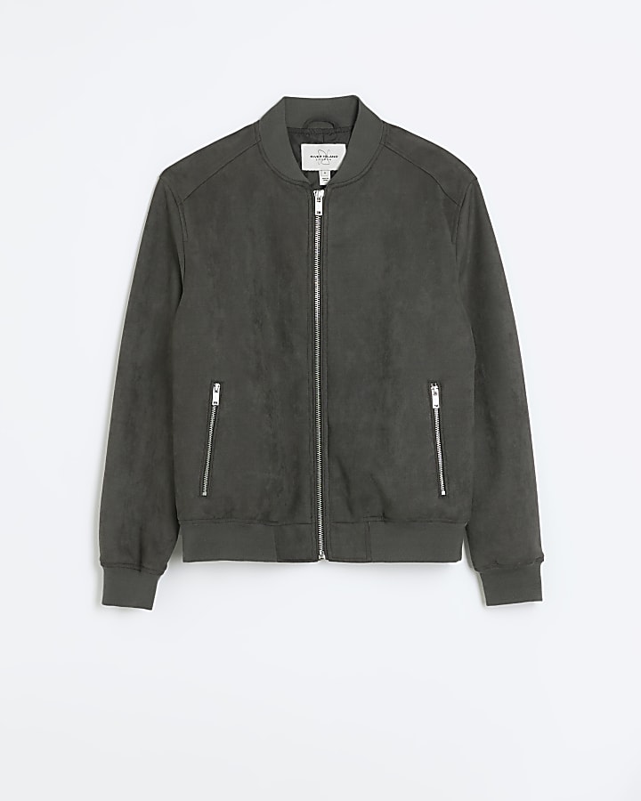 Grey regular fit suedette bomber jacket