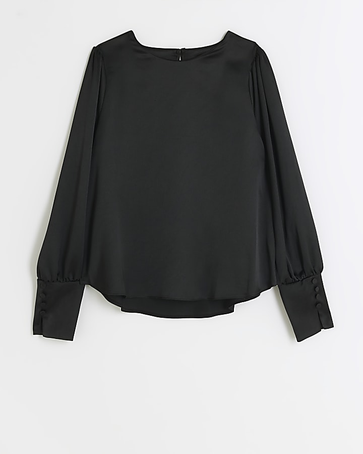 Black satin cuffed long sleeve top