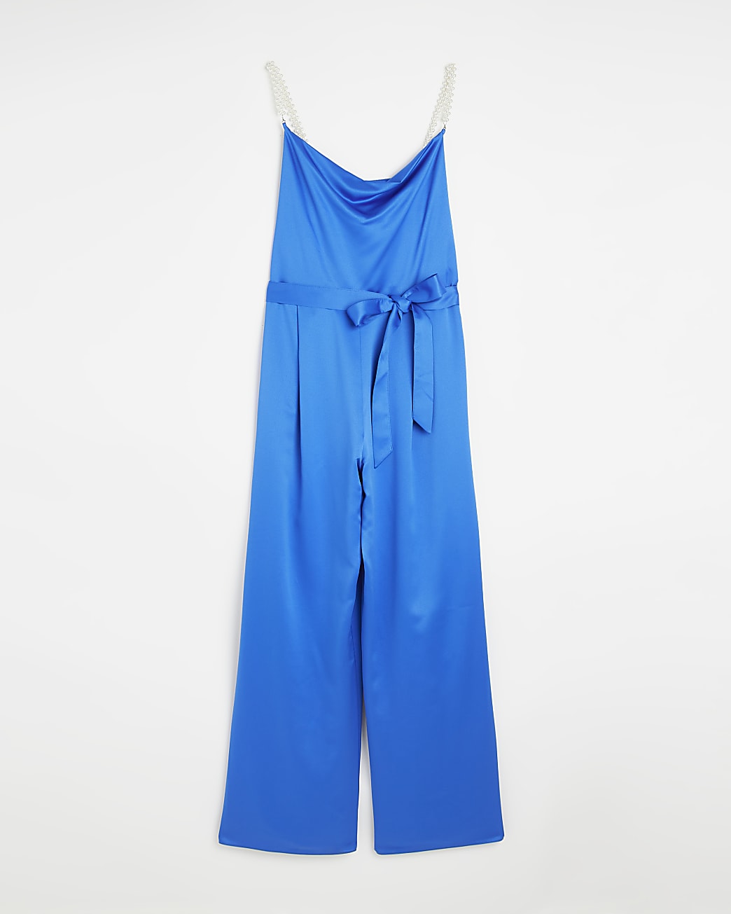 Blue satin cowl neck jumpsuit