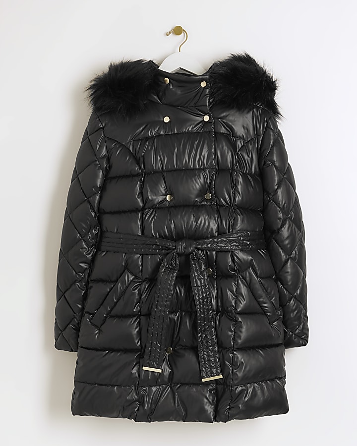 Black belted hooded puffer jacket