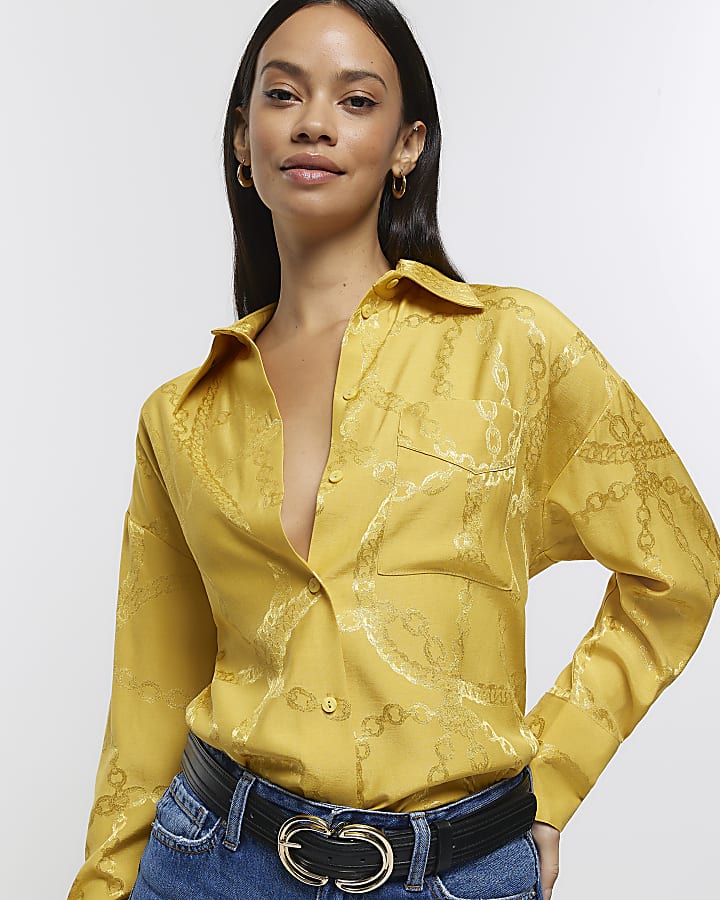 Yellow satin chain oversized shirt