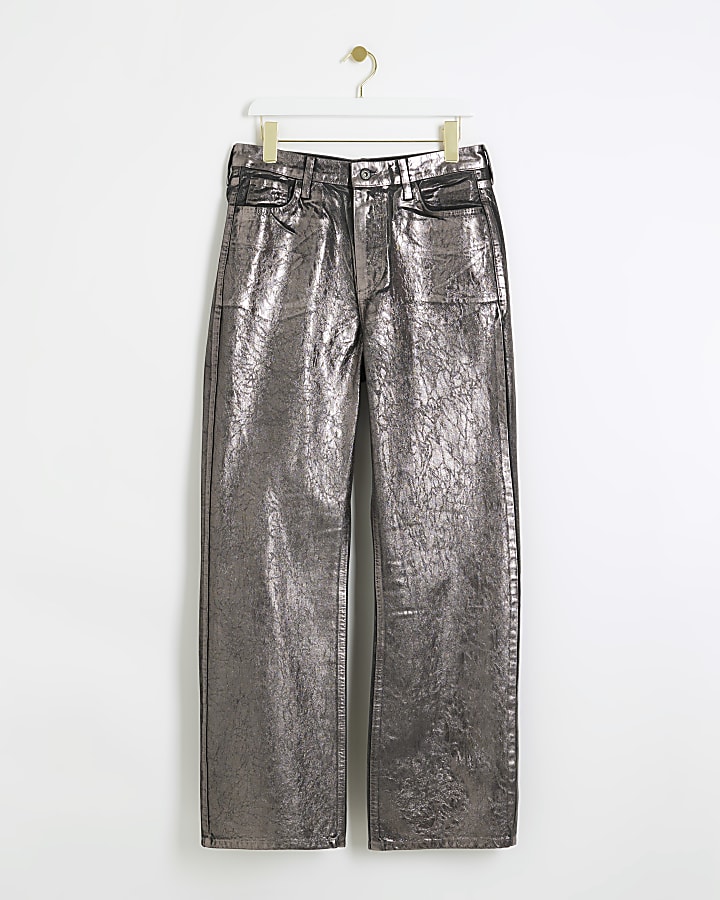Grey high waisted straight coated jeans