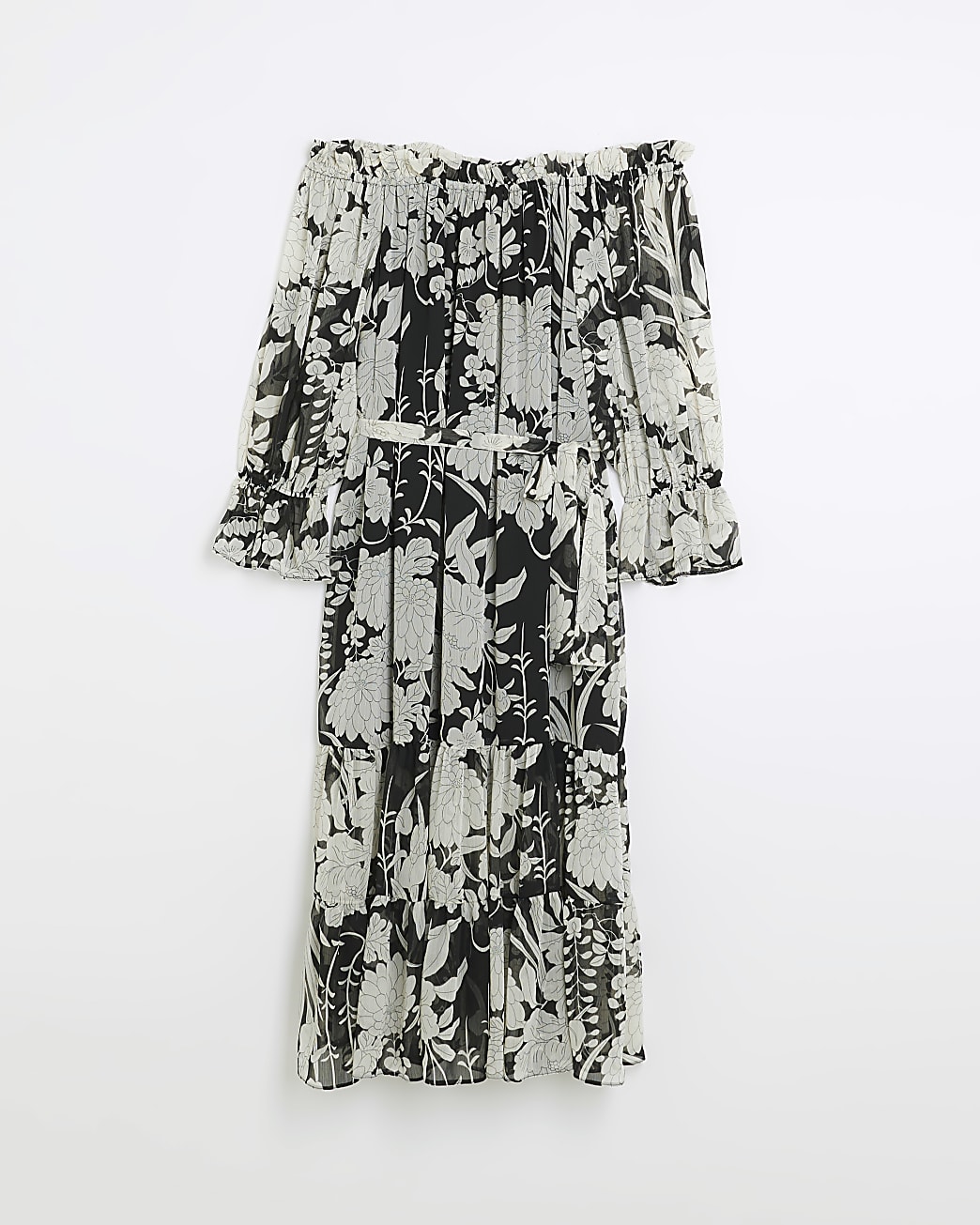 Black chiffon floral bardot maxi dress