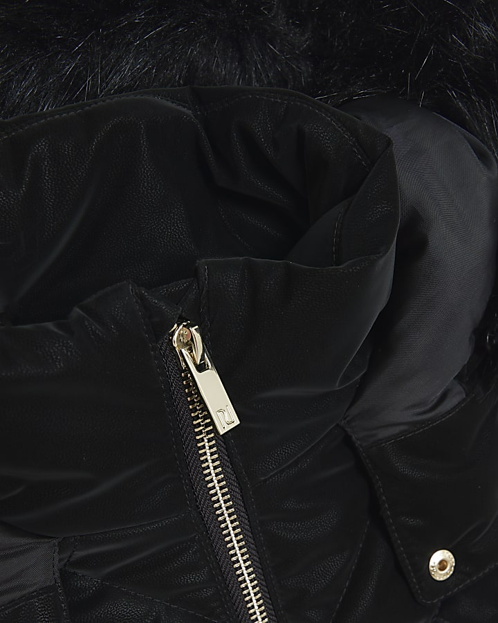 Girls black hooded velvet look padded coat