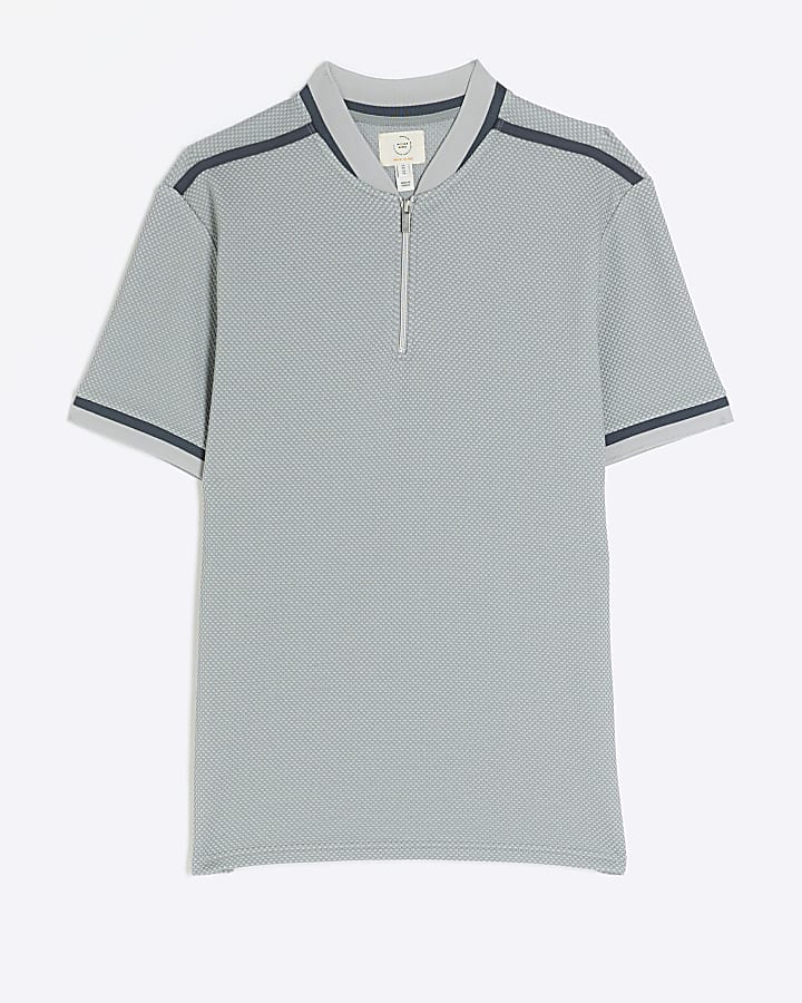 Grey slim fit taped baseball collar polo
