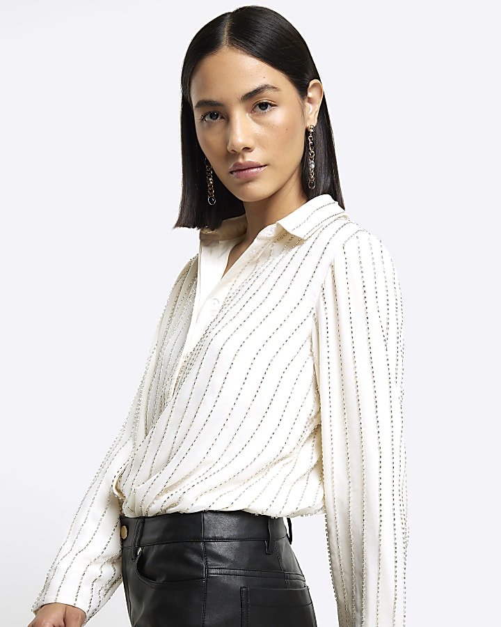 Cream beaded long sleeve shirt