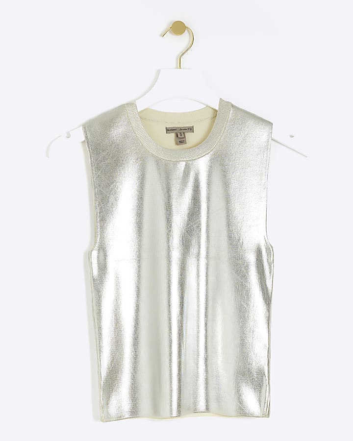 Silver metallic foil tank top
