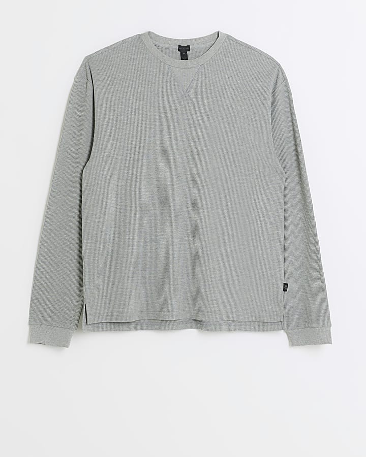 Grey regular fit waffle long sleeve t-shirt