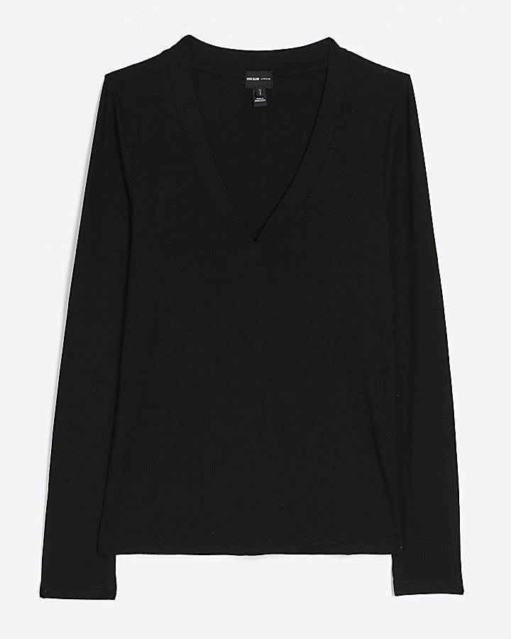 Black rib v-neck long sleeve top