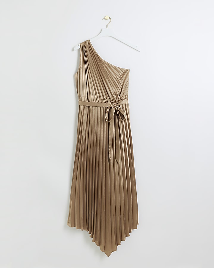 Gold plisse asymmetric slip midi dress