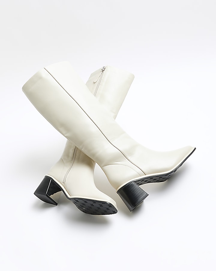 Cream wide fit high leg heeled boots