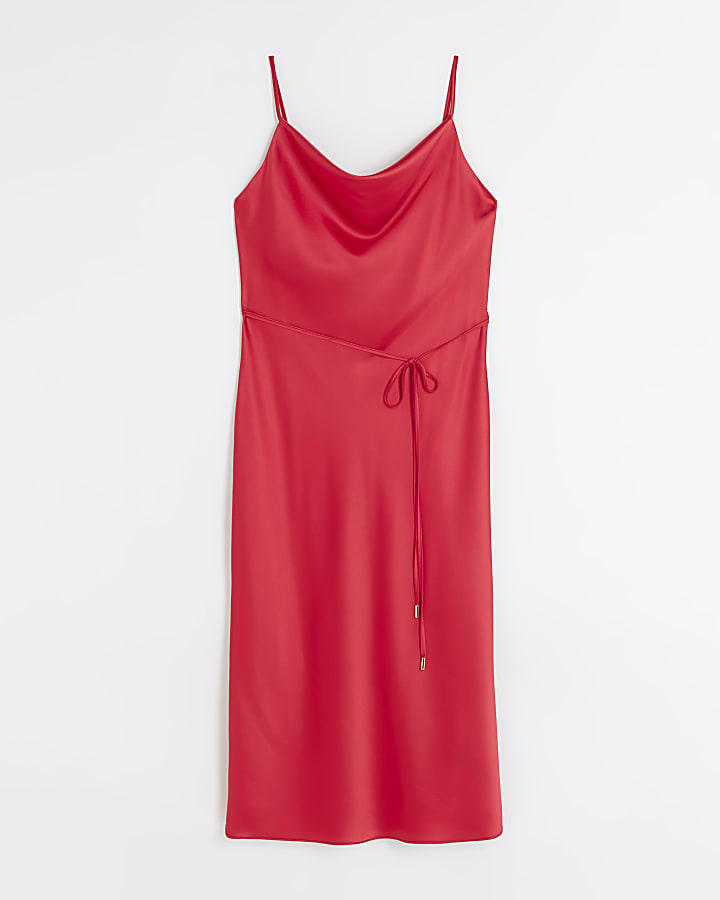 Red satin cowl neck slip midi dress