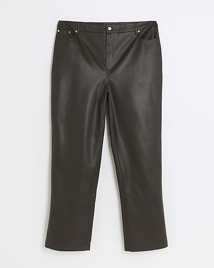 Plus brown faux leather straight trousers
