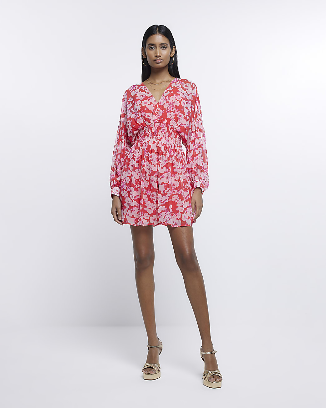 Red floral long sleeve mini dress