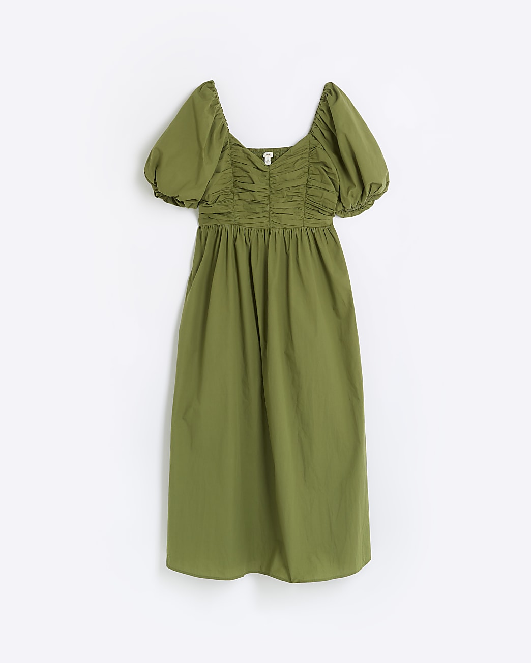 Khaki ruched puff sleeve smock midi dress