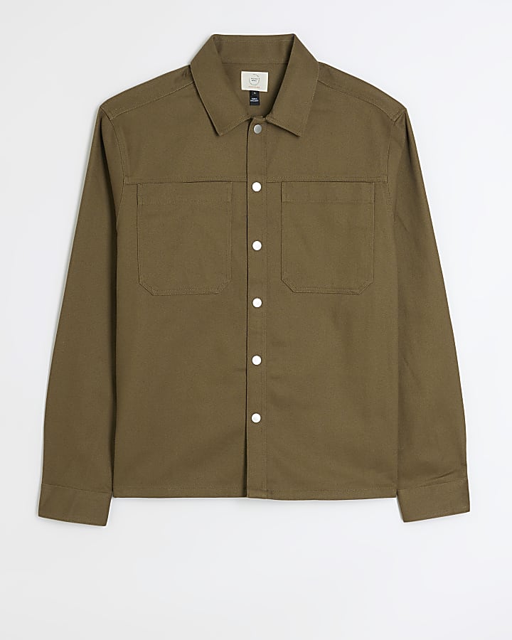 Khaki regular fit popper front overshirt