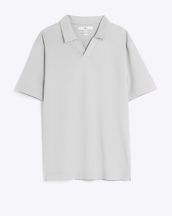 Grey slim fit open collar polo