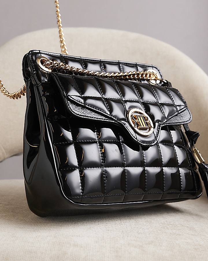 Black patent quilted chain strap shoulder bag