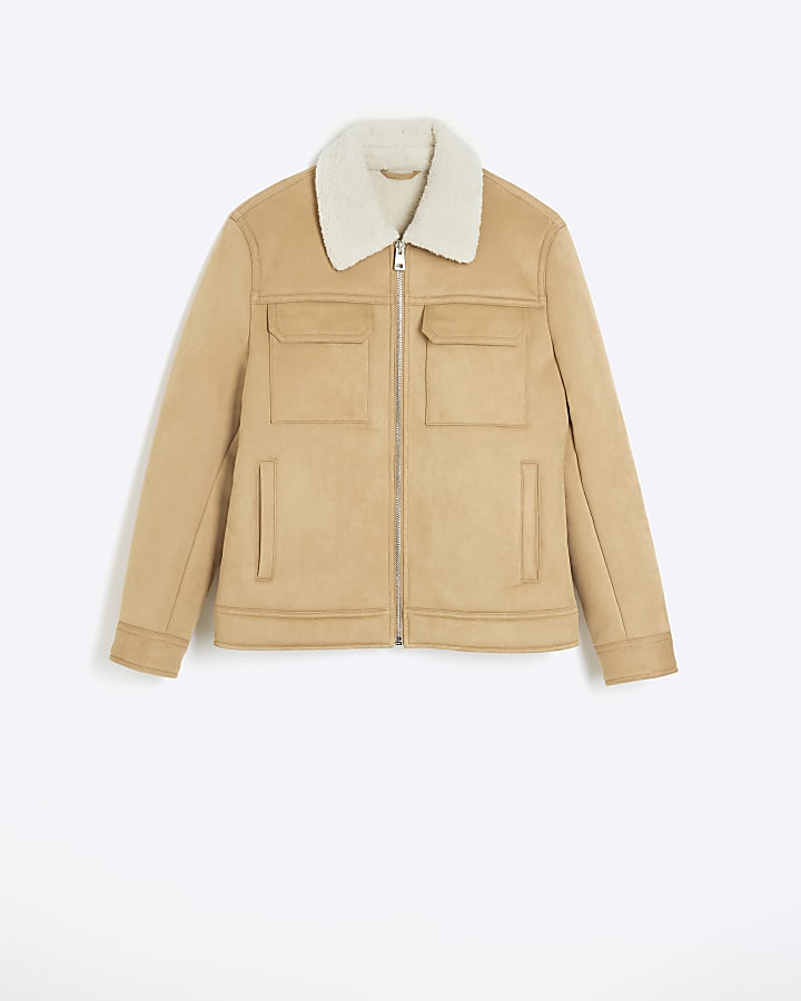 Brown regular fit shearling western jacket