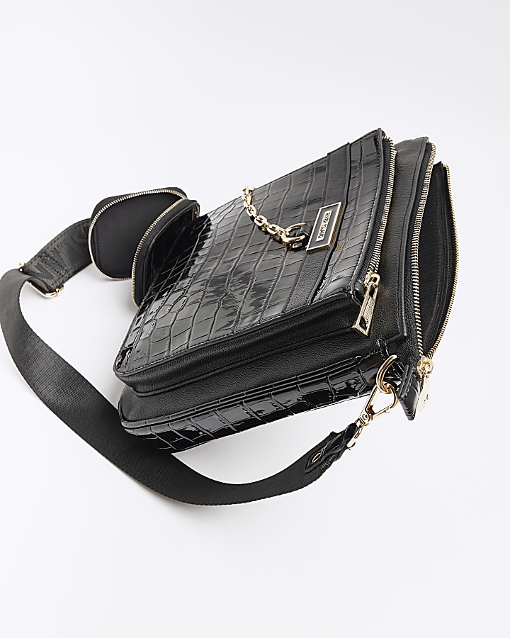 Black croc embossed messenger bag
