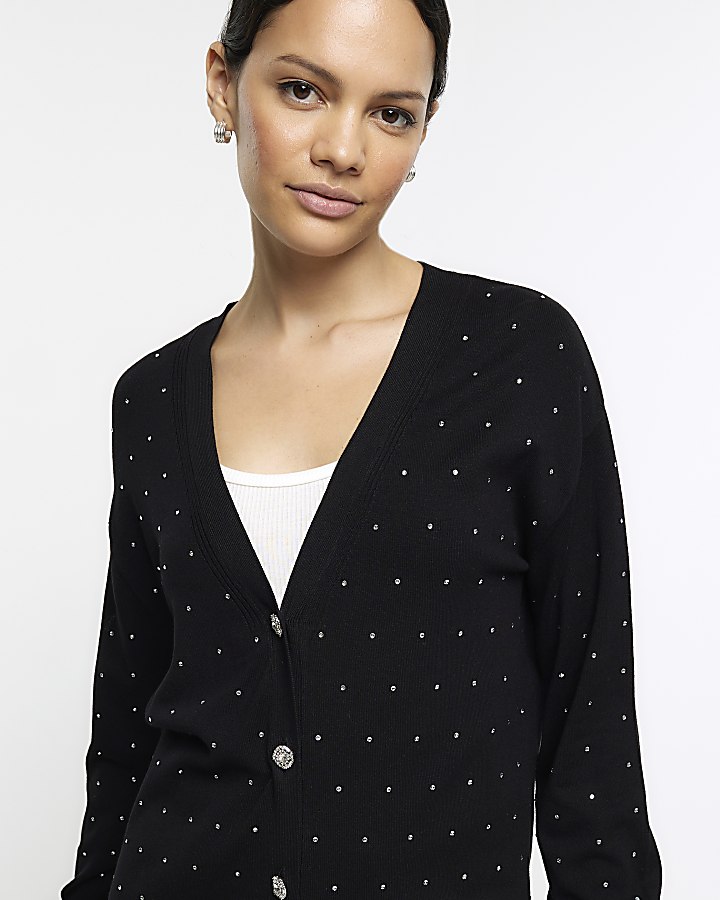 Black knitted embellished cardigan