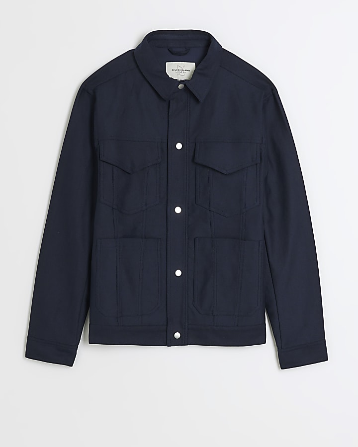 Navy regular fit linen blend western jacket