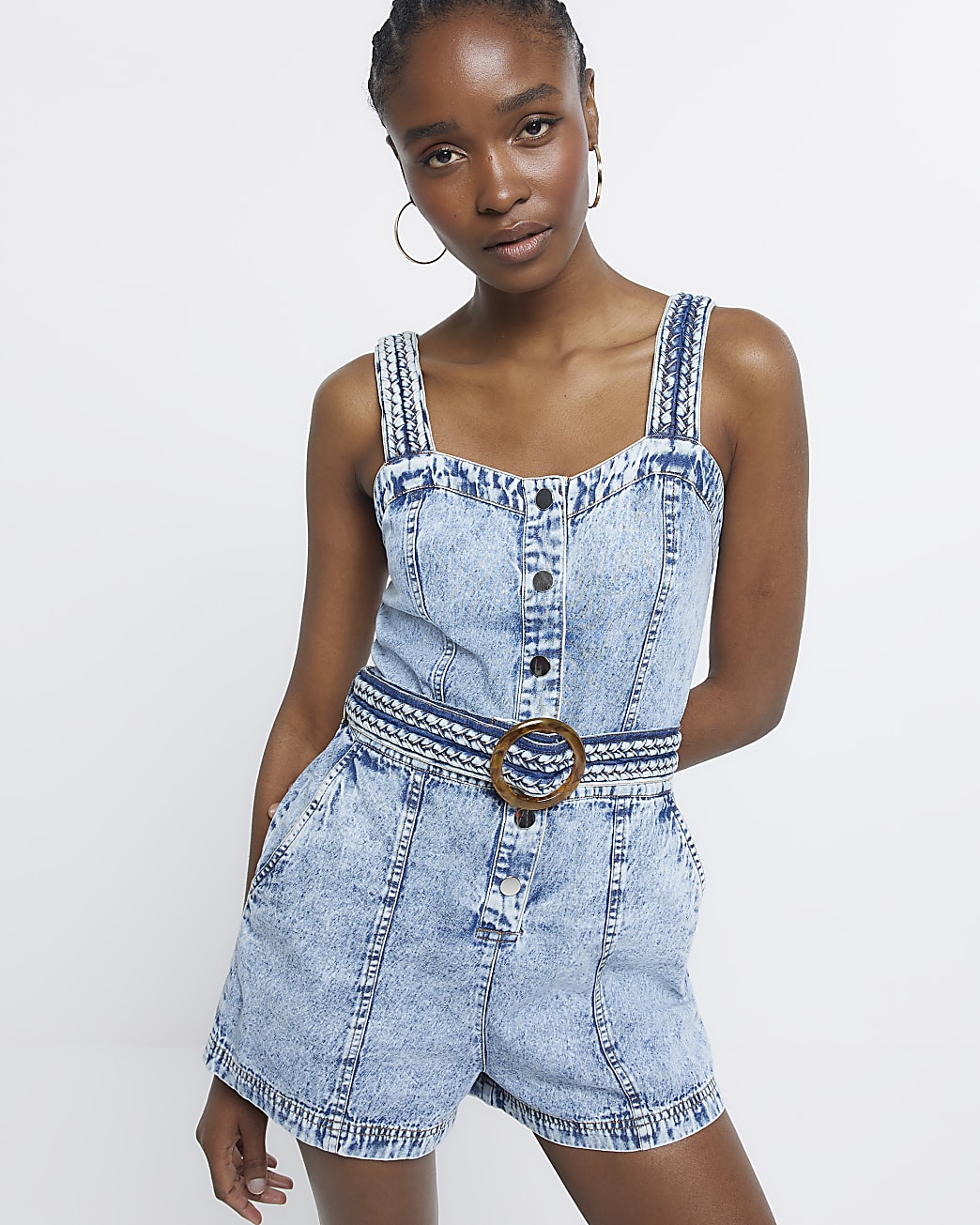 Blue Denim Belted Playsuit