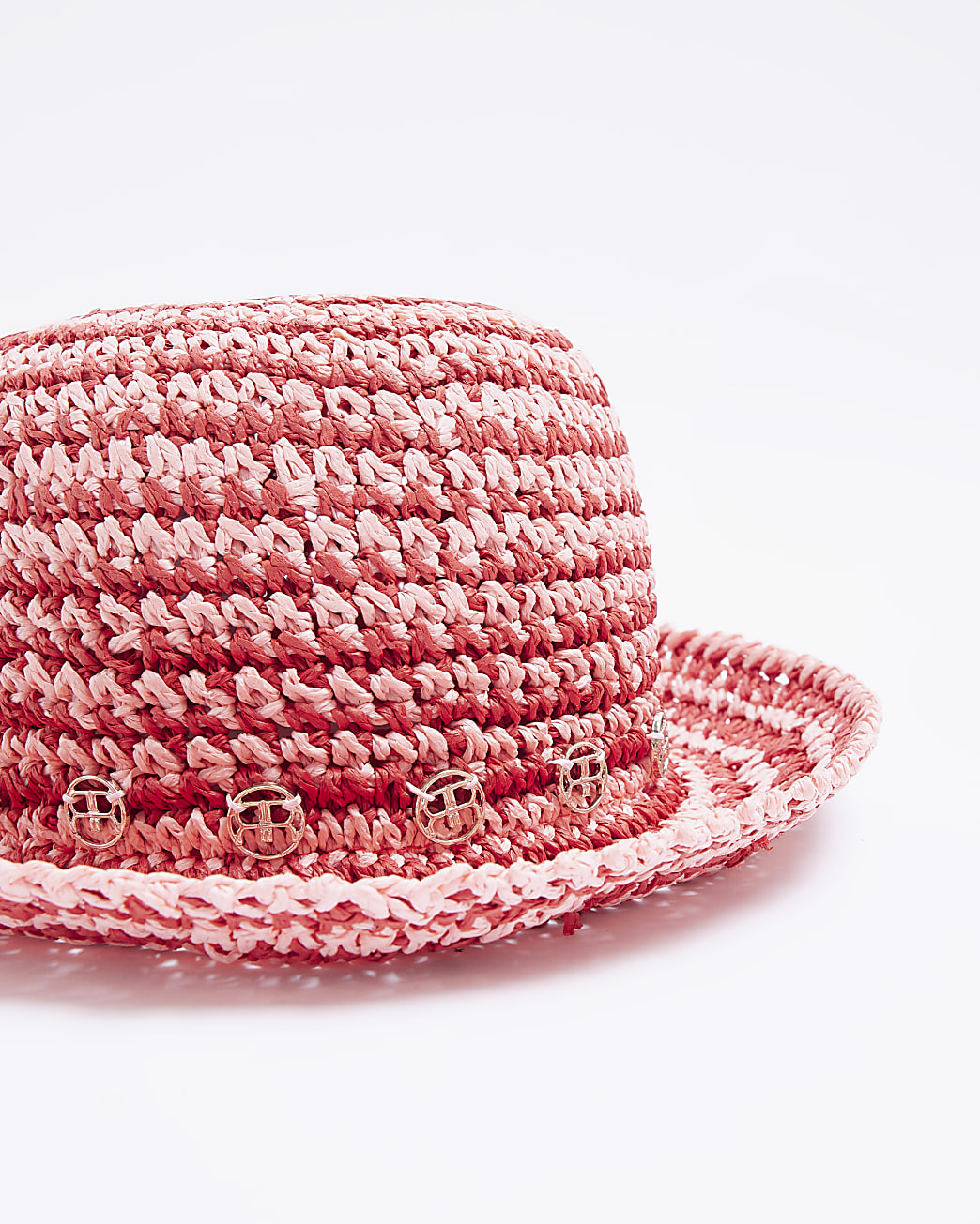 Pink crochet striped straw bucket hat