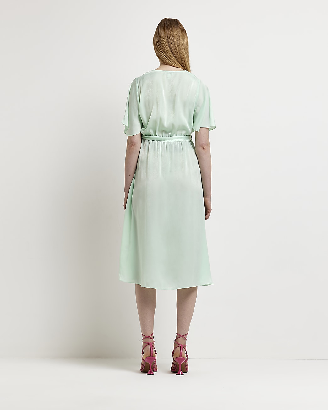 Maternity green satin wrap midi dress