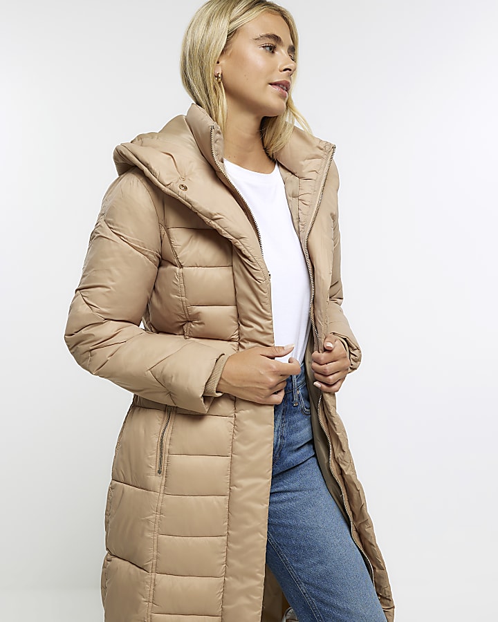 Brown belted padded longline jacket