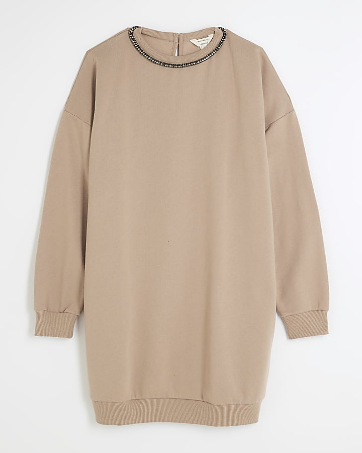 Brown diamante trim sweatshirt mini dress