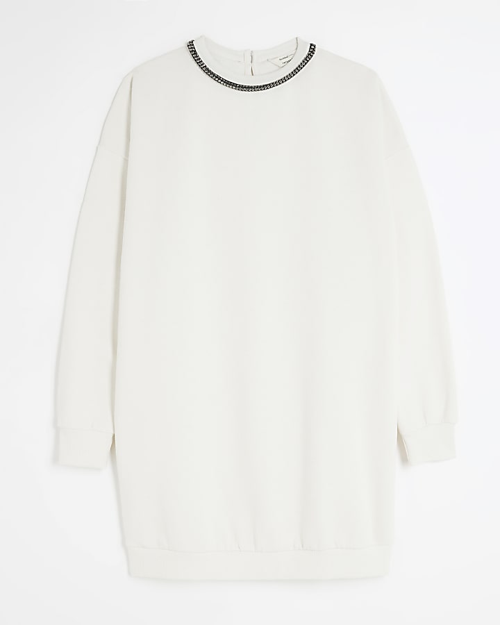 Cream diamante trim sweatshirt mini dress