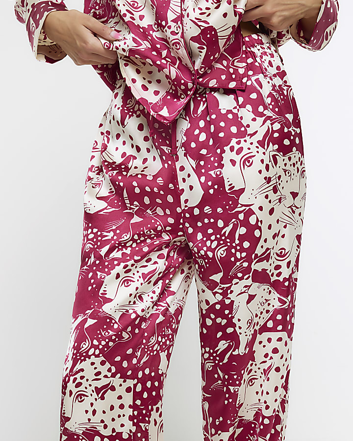 Pink satin animal print pyjama trousers