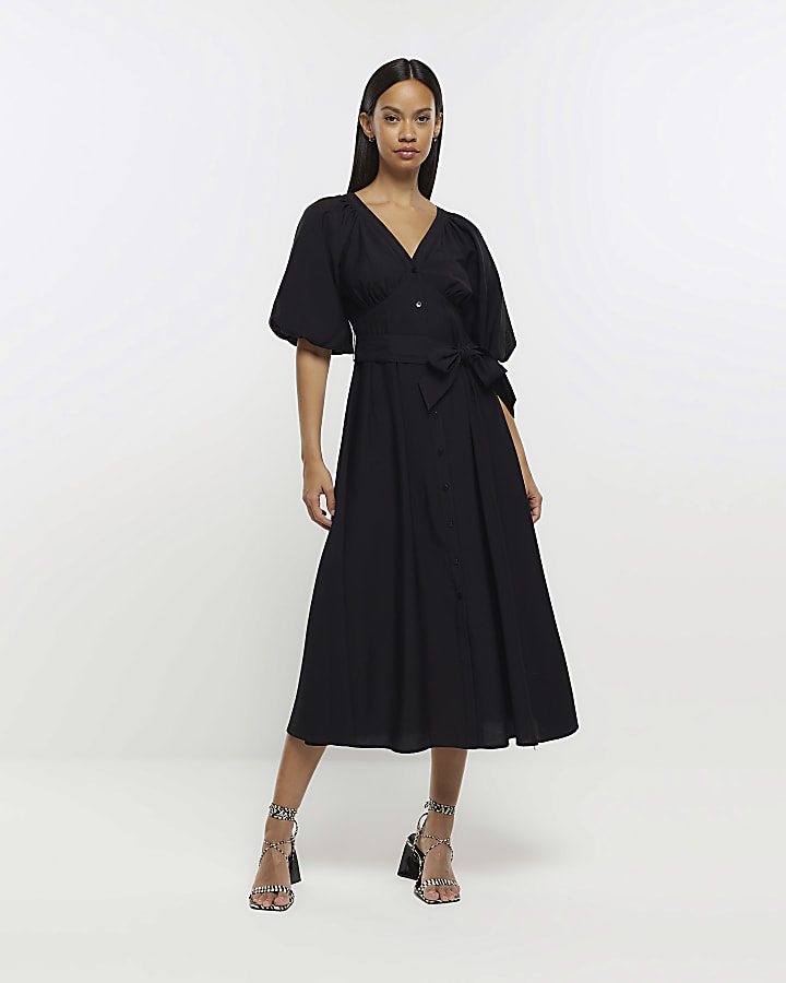 Black tie waist puff sleeve swing midi dress