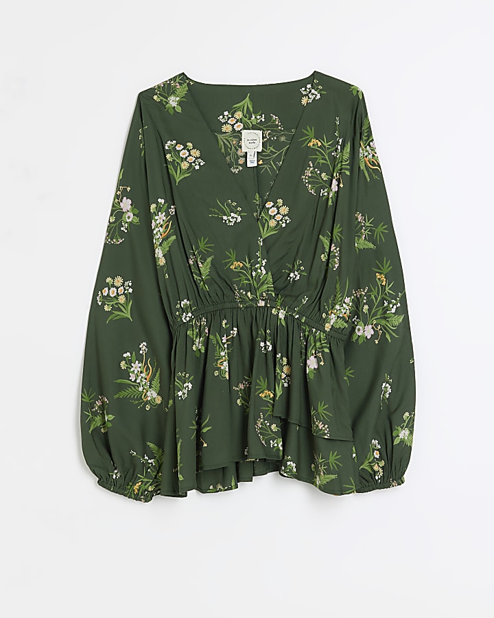Green floral wrap blouse