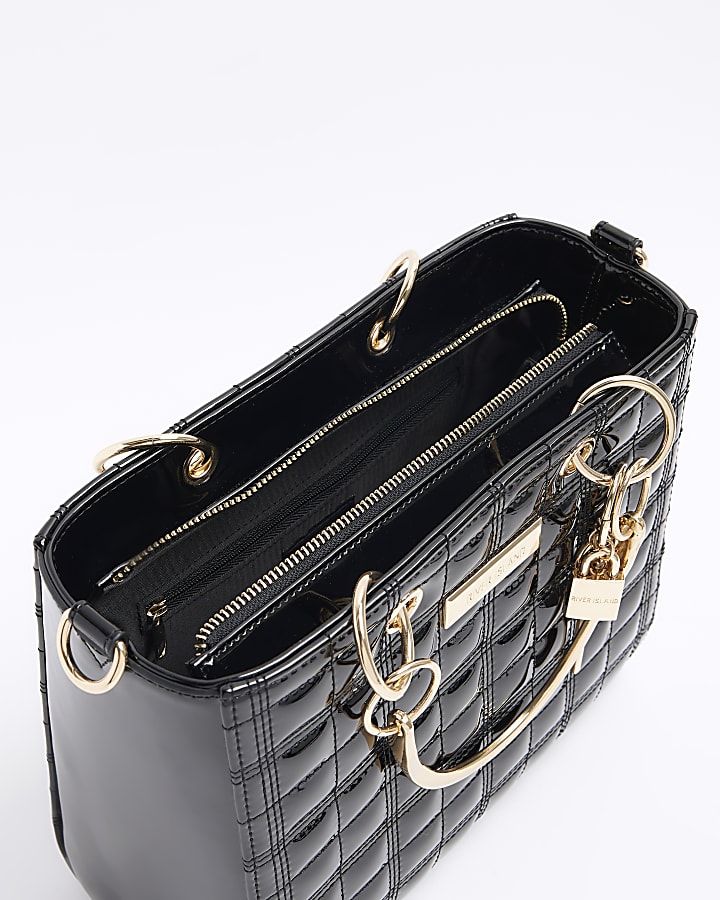 Black patent quilted tote bag
