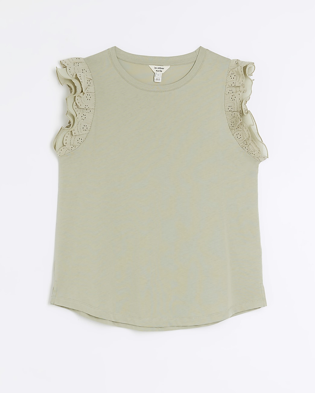 Khaki broderie frill sleeve tank top