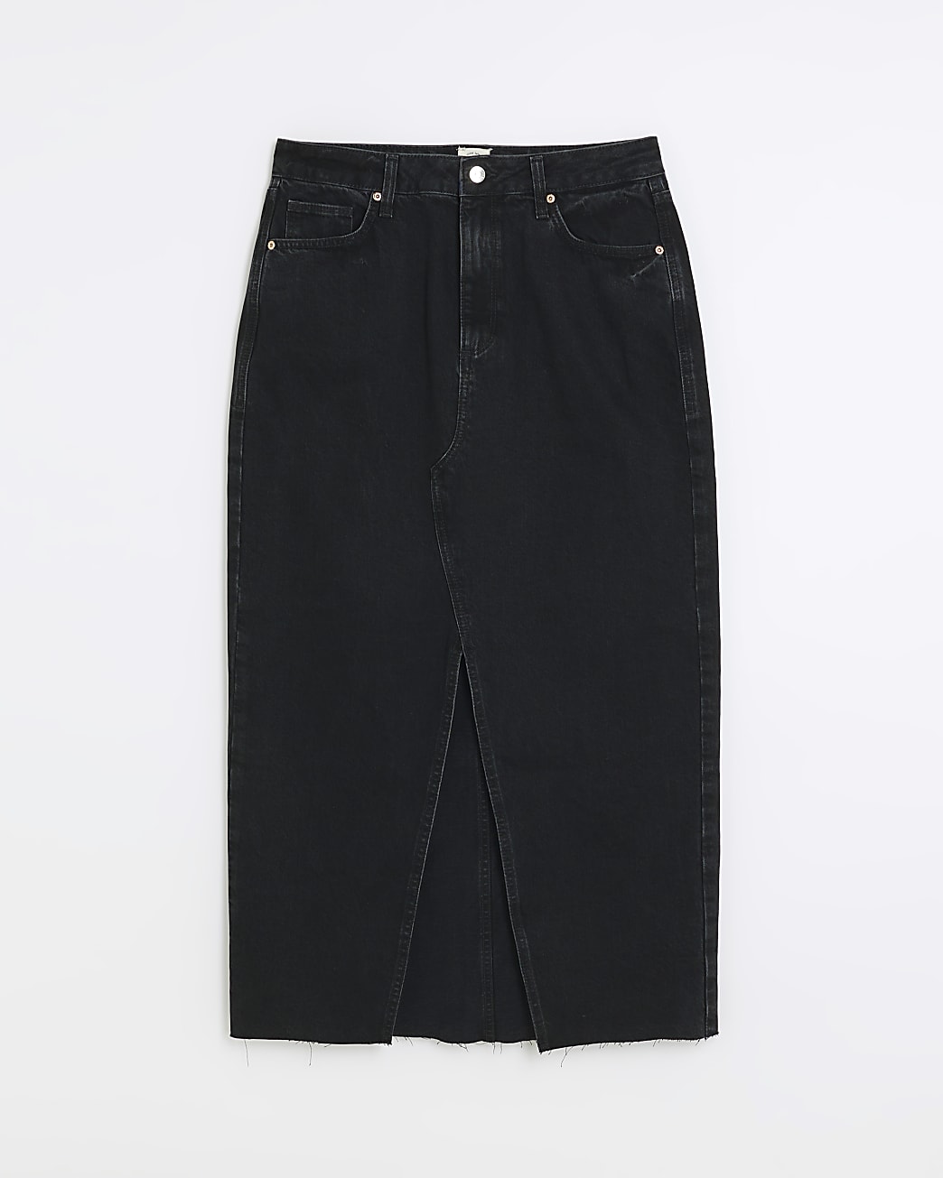 Black split front denim midi skirt