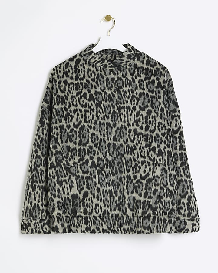 Grey oversized animal print bomber jacket