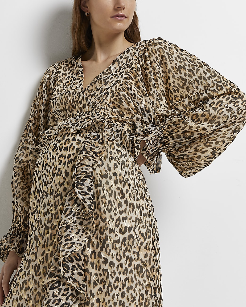 Beige leopard print maternity wrap maxi dress