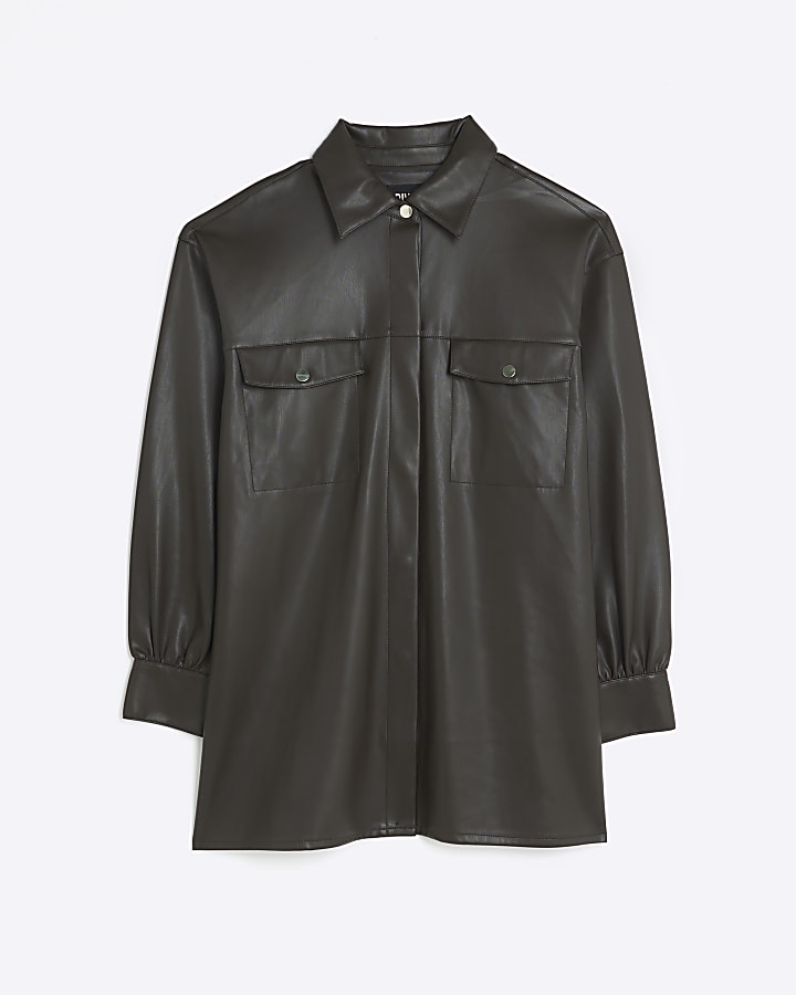 Brown faux leather shacket