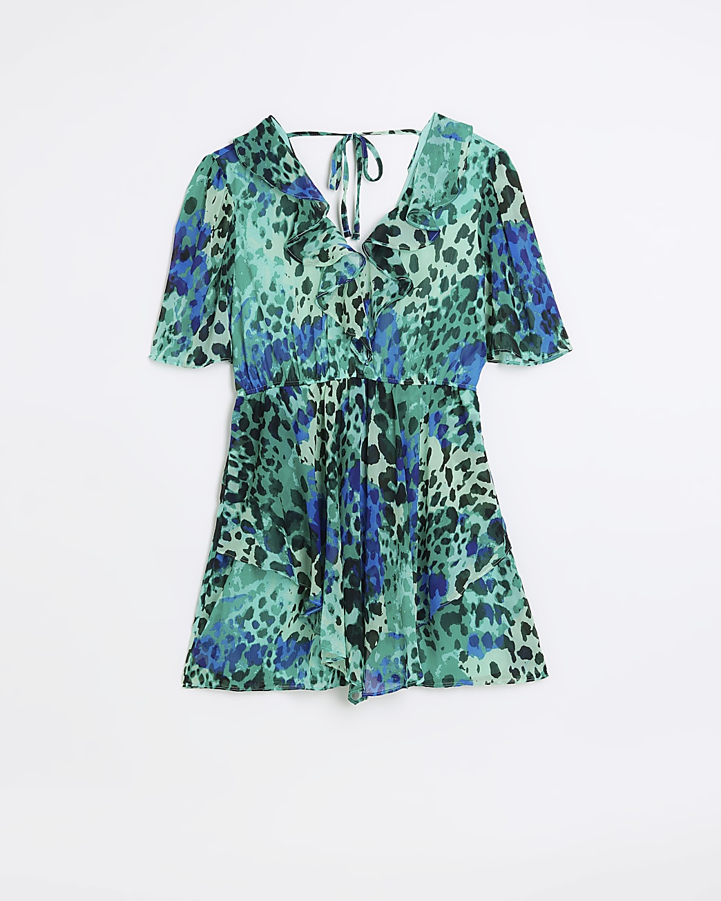 Blue chiffon animal print frill playsuit