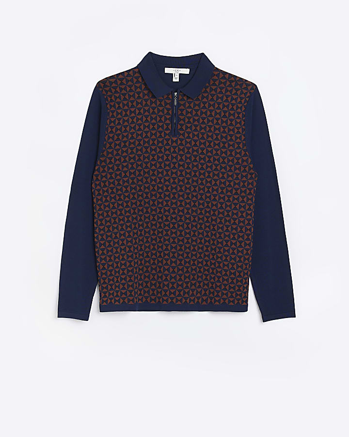 Navy slim fit knitted geometric polo